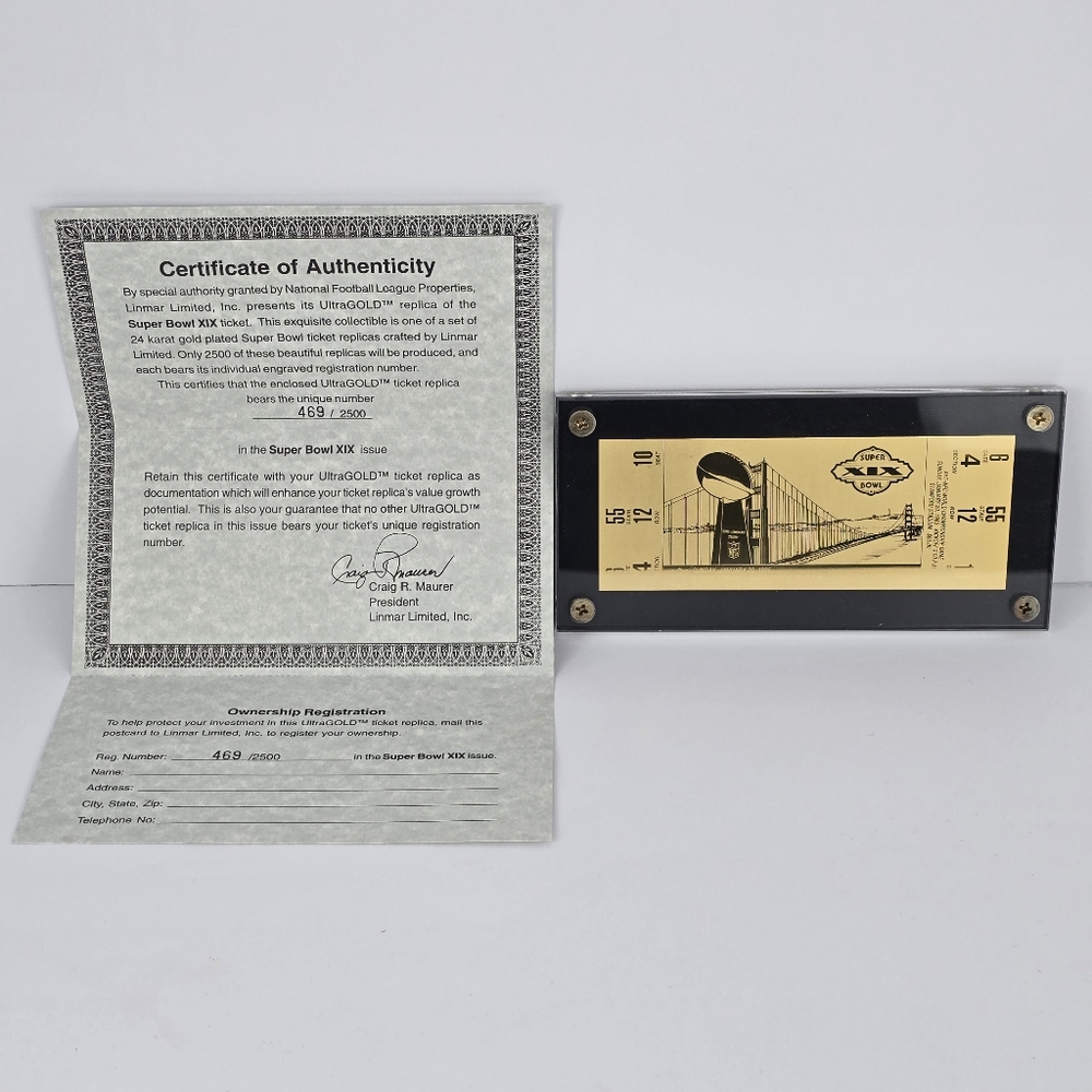 Linmar Limited Super Bowl XIX 24k Gold Plated Ticket 469/2500
